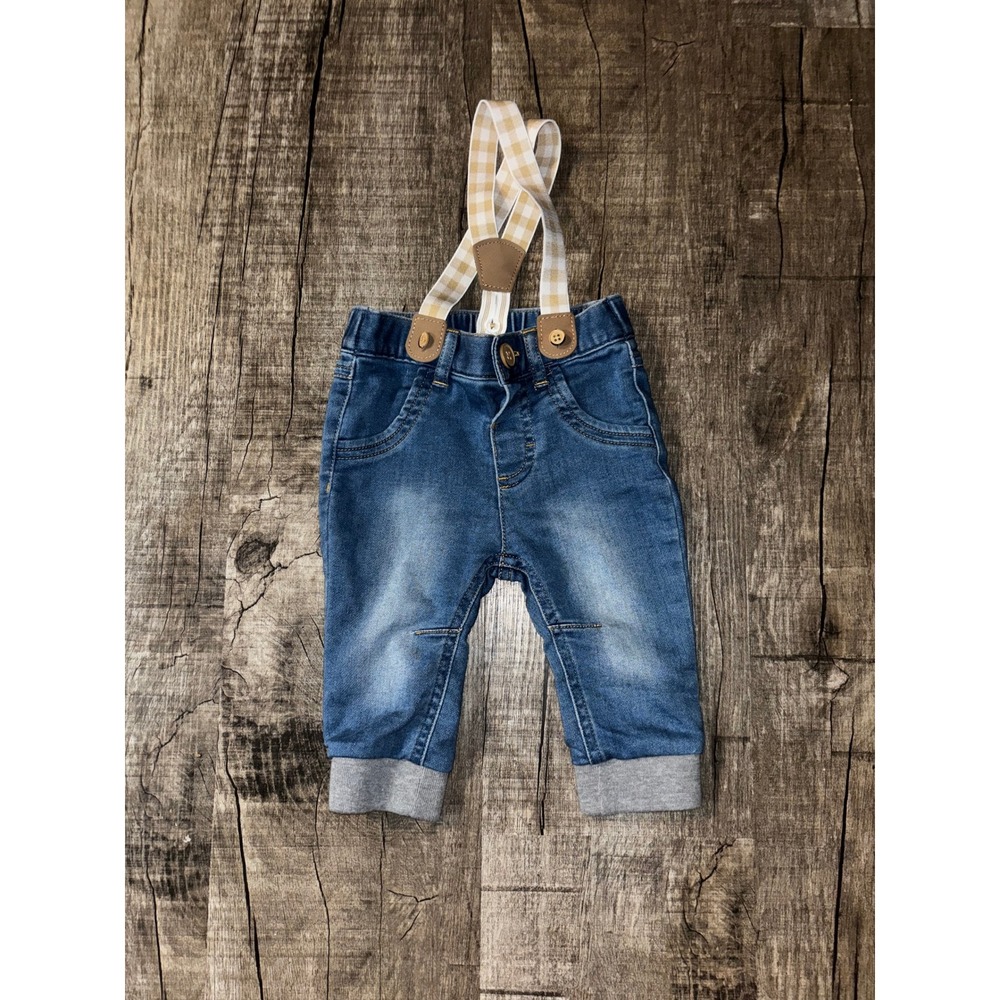 Cat & Jack Baby Boys Denim Jeans with Gingham Suspenders Blue‎ 3-6M